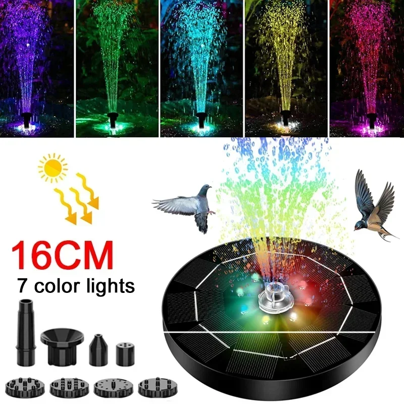 Solar Rotating Fountain Color 7 LED Light Solar Fountain 3W 6 Nozzle Water Pump Outdoors Bird Bath Garden Floating DIY Cistern