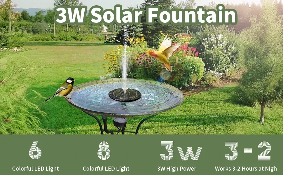 Solar Rotating Fountain Color 7 LED Light Solar Fountain 3W 6 Nozzle Water Pump Outdoors Bird Bath Garden Floating DIY Cistern