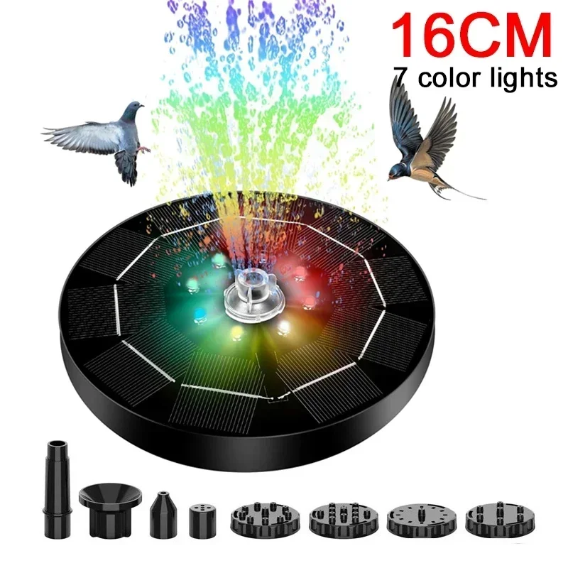 Solar Rotating Fountain Color 7 LED Light Solar Fountain 3W 6 Nozzle Water Pump Outdoors Bird Bath Garden Floating DIY Cistern