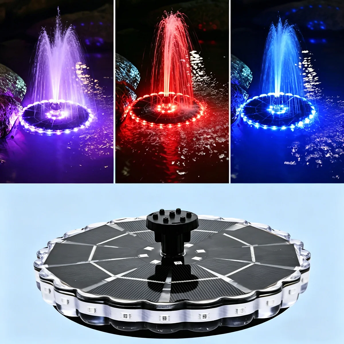Solar Powered Floating Fountain With RGB LED Lights Solar Water Fountain With Multiple Nozzles For Bird Bath Garden Pond Outdoor