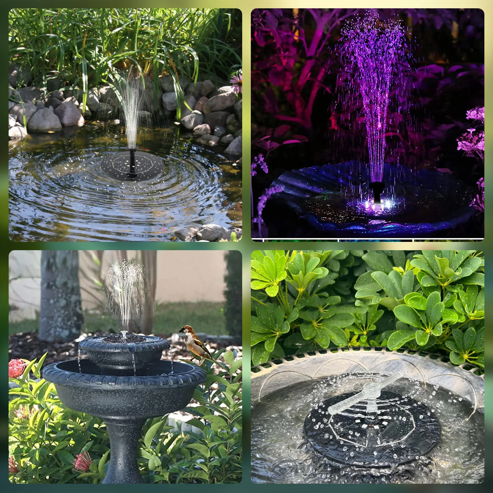 Colorful Solar Fountain 1W/2.5W Floating Bird Bath Garden Pool Pond Solar Water Fountain Pump for Garden Decoration Outdoor