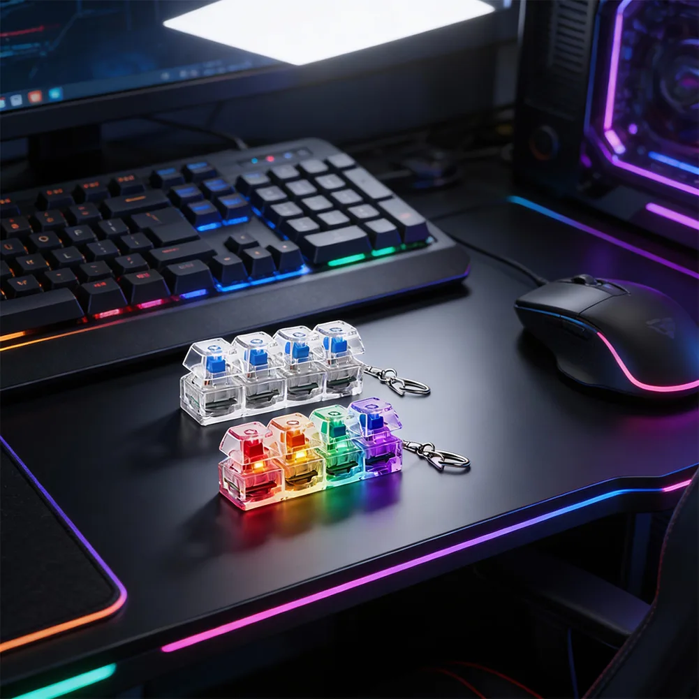 LED Keyboard Keychain Fidget Toys 4 Keys Keyboard Keycaps Fidget Toy Party Stress Relief Keyboard Cap