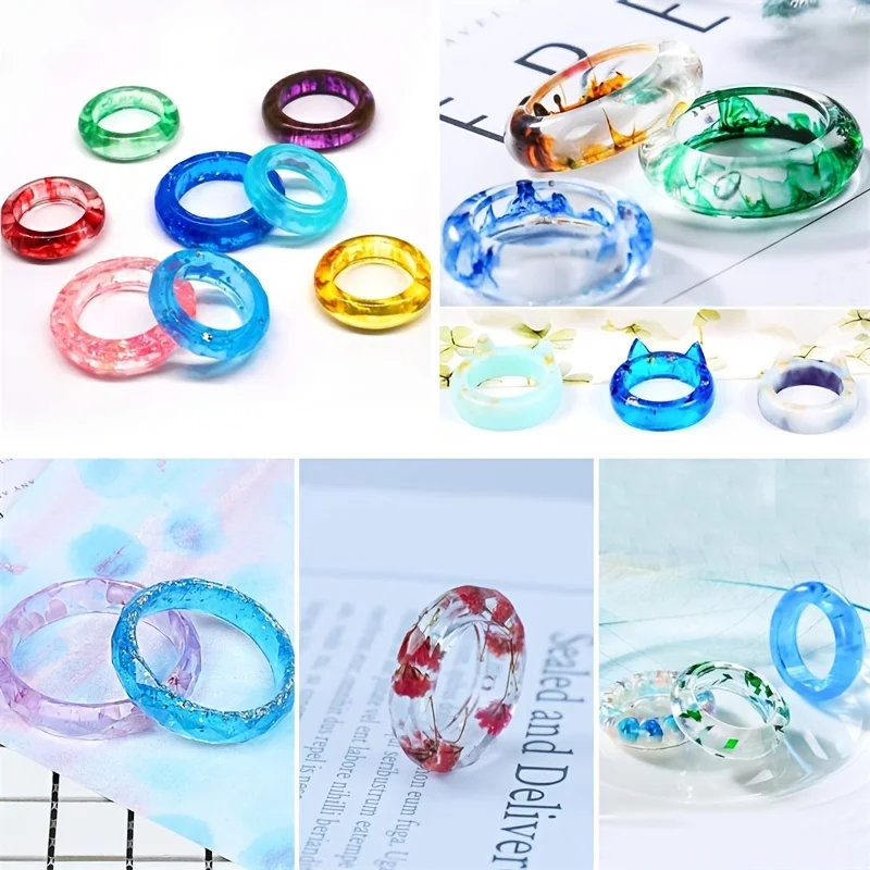 1pc Resin Ring Molds Silicone, Resin Molds 14 Sizes with Round and Rhombic Faces for Making Rings,