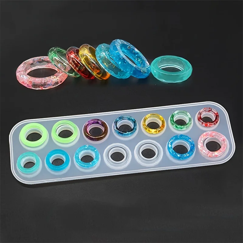 1pc Resin Ring Molds Silicone, Resin Molds 14 Sizes with Round and Rhombic Faces for Making Rings,