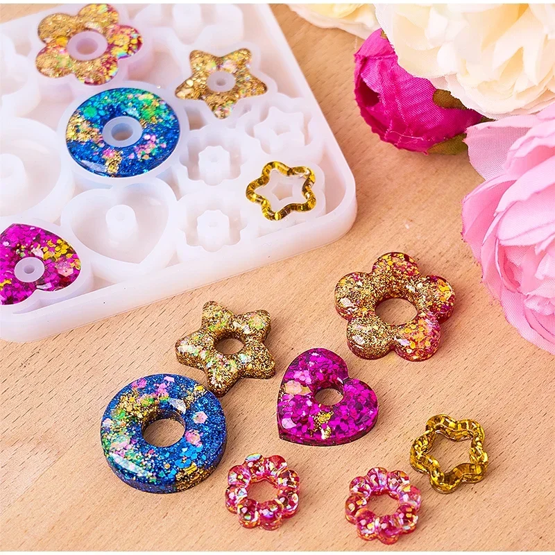 Multifuntional Jewelry Molds 3D Pendant Earrings Resin Molds DIY Rings Star Love Flower Garlands Shape Earrings Silicone Molds