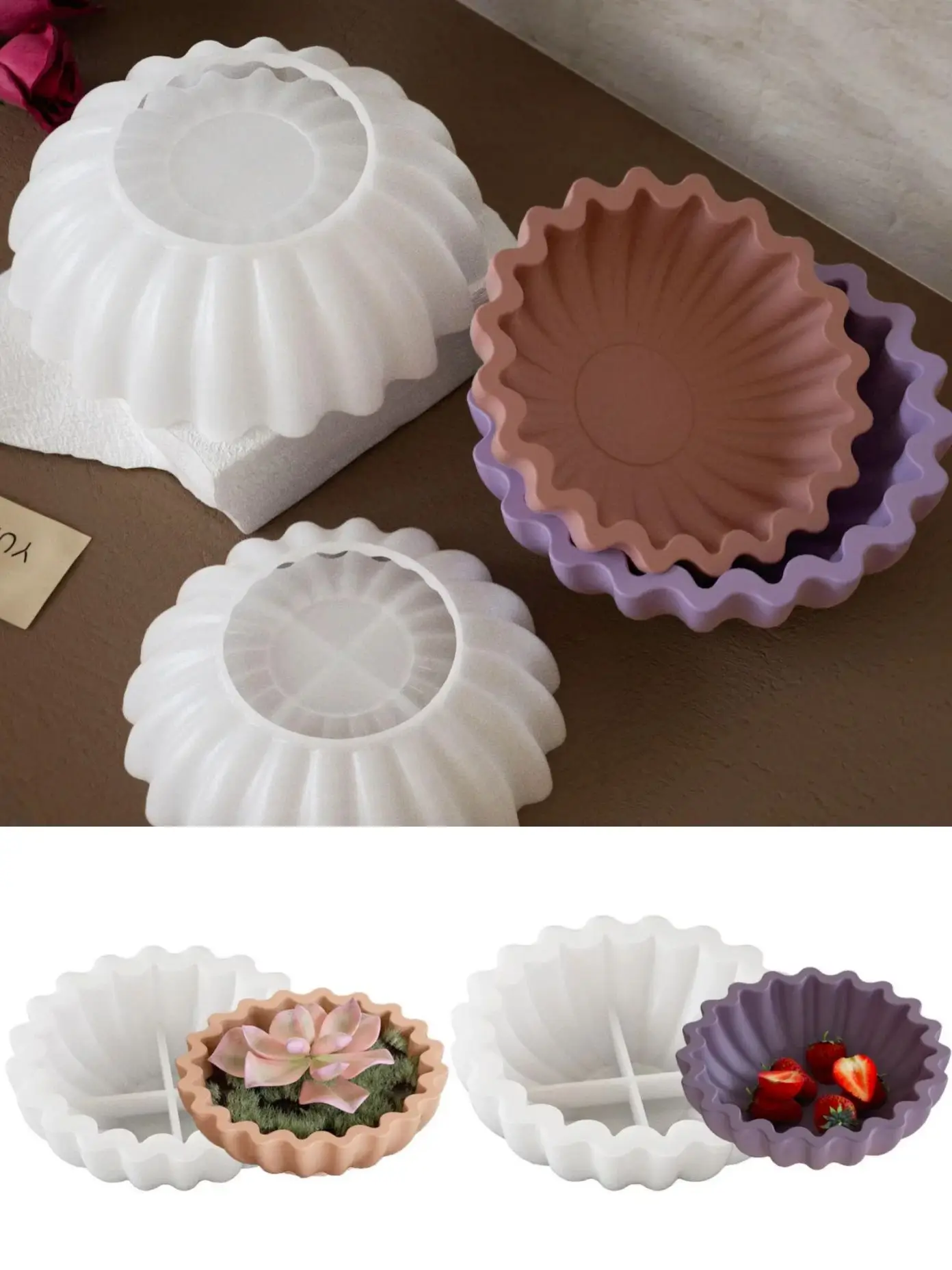 Large/Medium Flower-Shaped Storage Bowl Silicone Mold, Ripple Flower Pot Silicone Mold, Furniture Atmosphere Decoration, Item Storage Bowl Mold