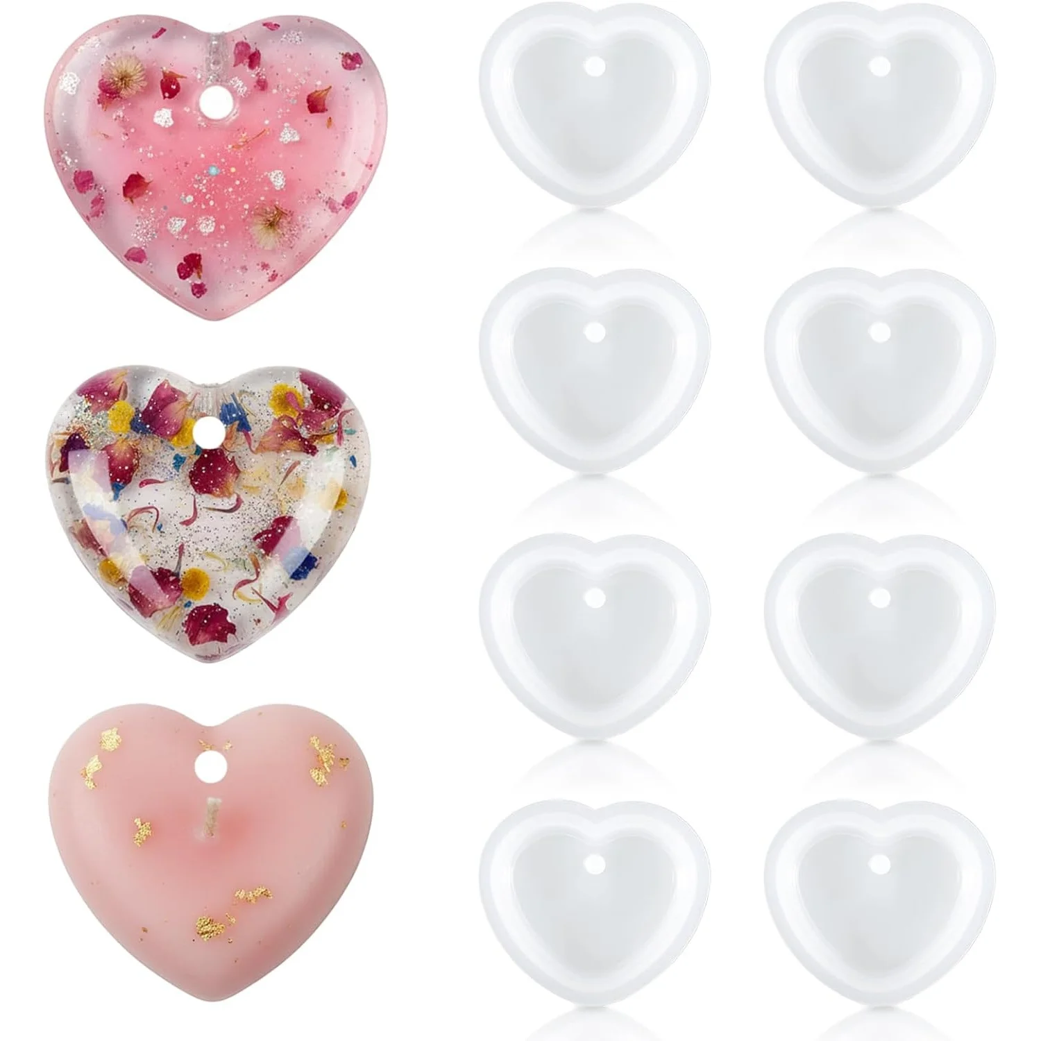 8 Heart-shaped resin mold,Cute love heart-shaped silicone mold,With holes,Can be used for resin DIY Handmade pendant necklace