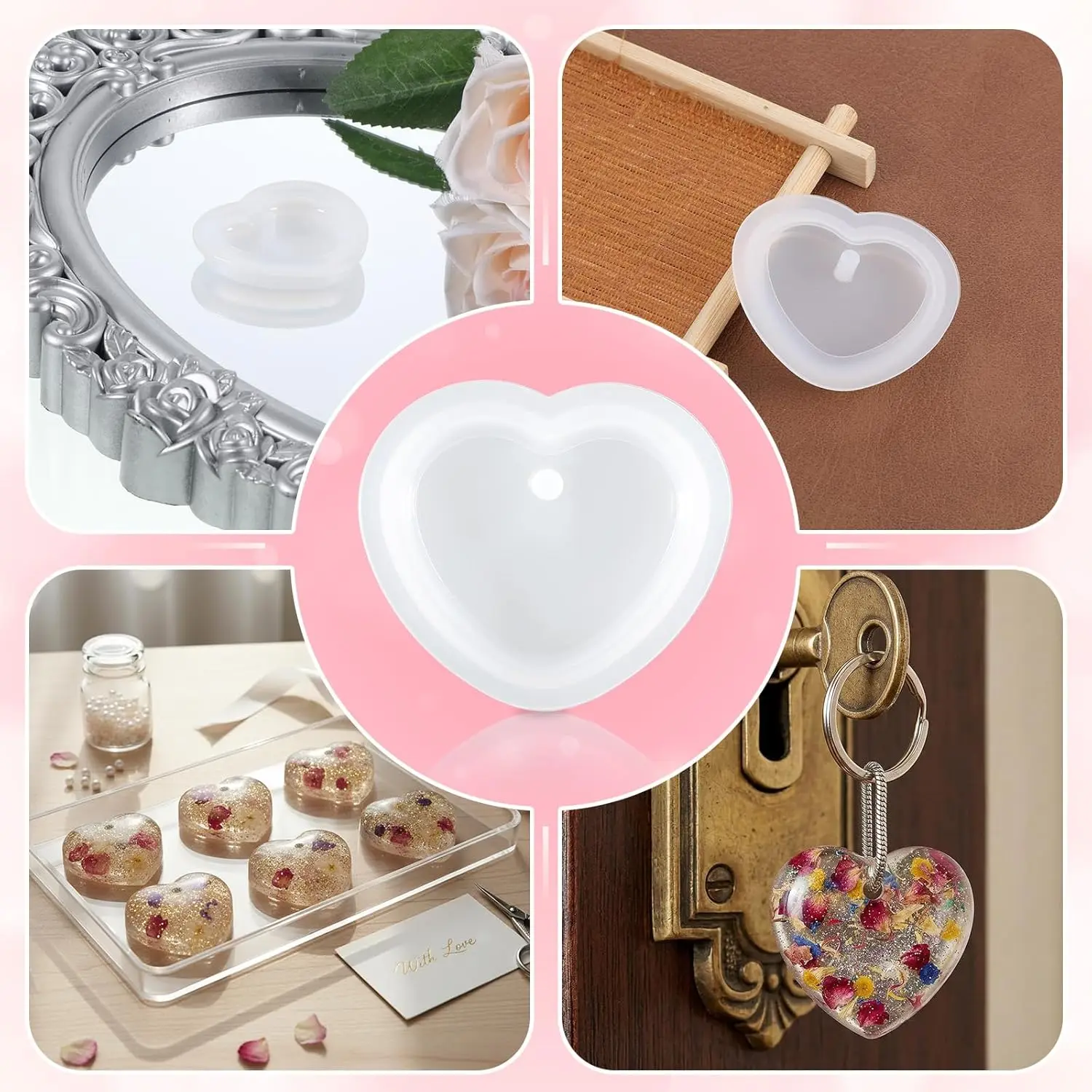 8 Heart-shaped resin mold,Cute love heart-shaped silicone mold,With holes,Can be used for resin DIY Handmade pendant necklace