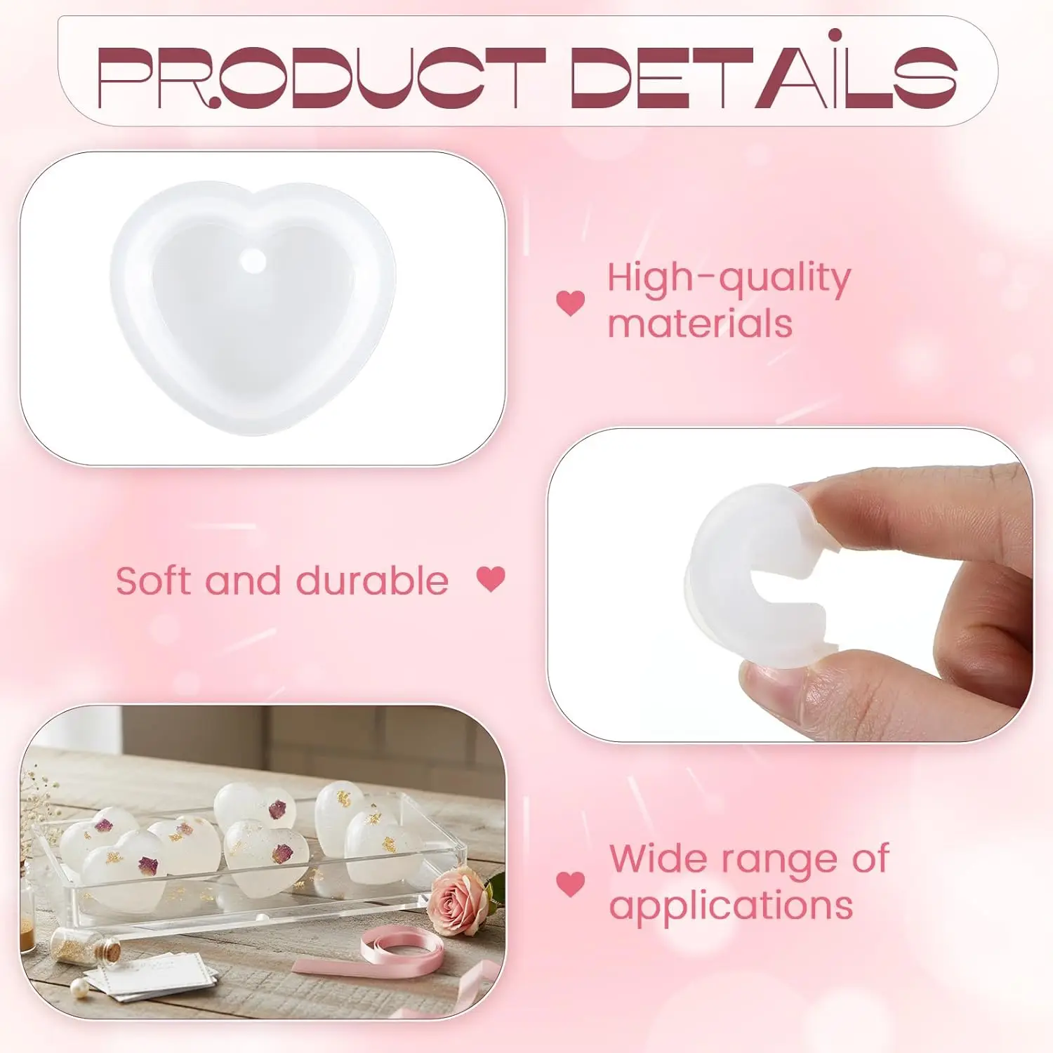 8 Heart-shaped resin mold,Cute love heart-shaped silicone mold,With holes,Can be used for resin DIY Handmade pendant necklace