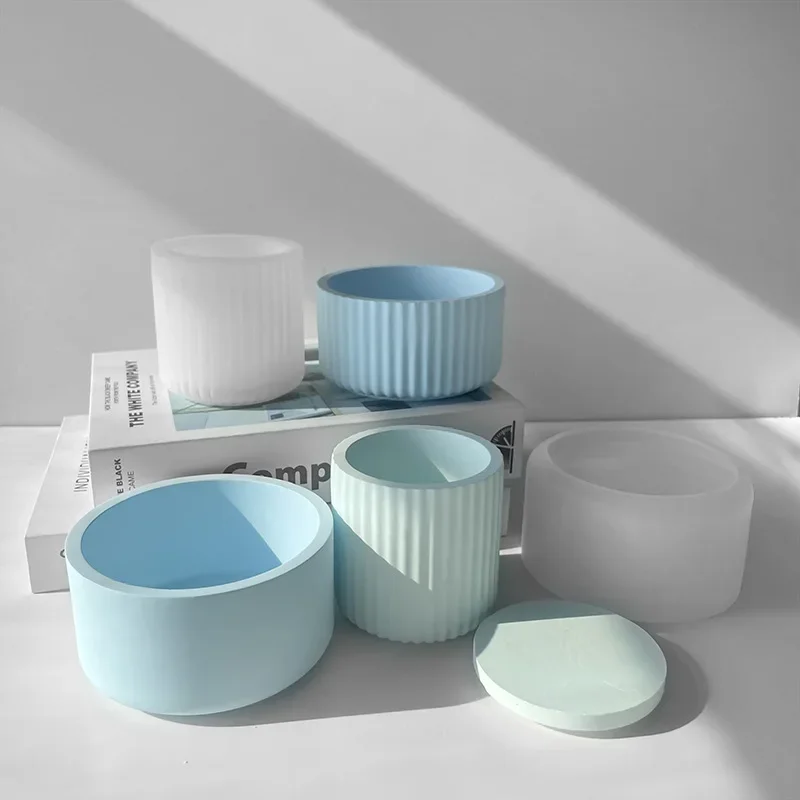 Candle Vessel Silicone Mold Cylindrical Ribbed Smooth Concrete Resin Plaster Mold for DIY Candle Holder Planter Storage Jar