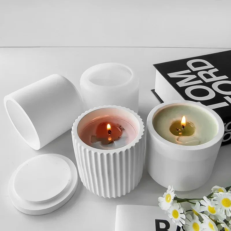 Candle Vessel Silicone Mold Cylindrical Ribbed Smooth Concrete Resin Plaster Mold for DIY Candle Holder Planter Storage Jar