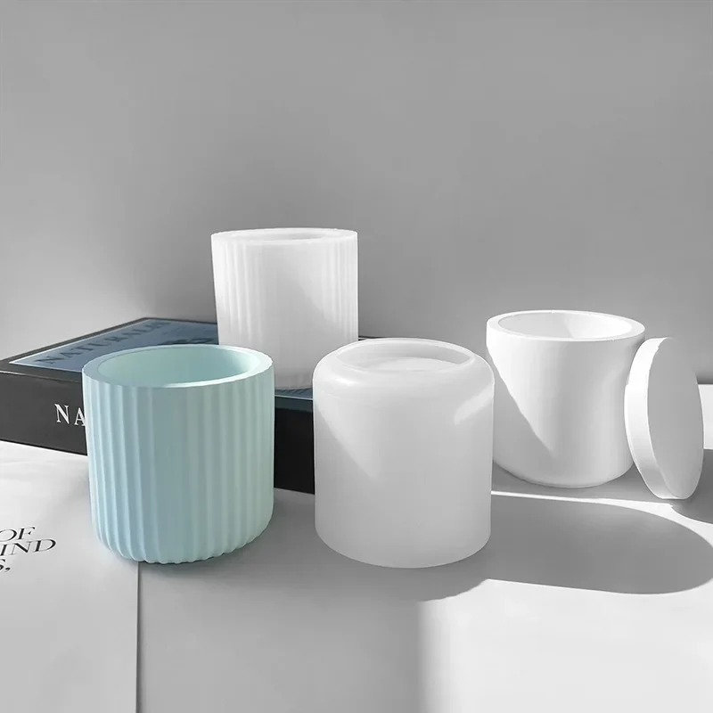 Candle Vessel Silicone Mold Cylindrical Ribbed Smooth Concrete Resin Plaster Mold for DIY Candle Holder Planter Storage Jar
