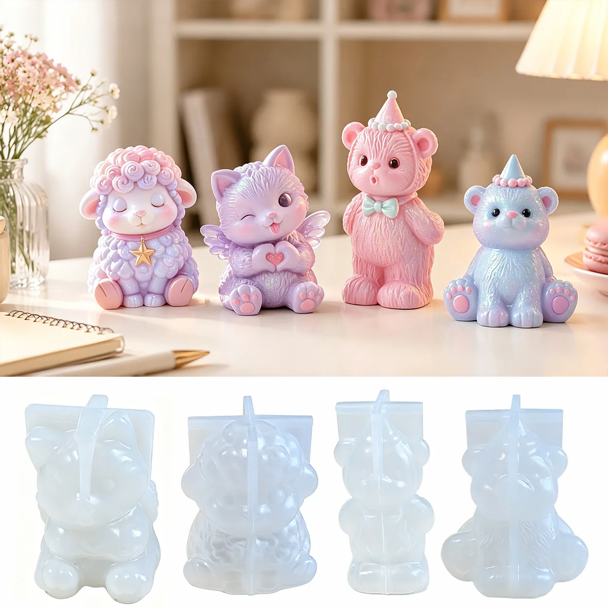 DIY Keychain Pendant Silicone Mold 3D Cat, Bear, Sheep Dropper Mold Mirror Resin Ornament Keychain Silicone Mold