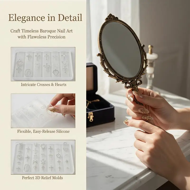 1Pcs New Baroque Nail Art Silicone Mold With Vintage Cross Relief DIY 3D Engraving Tool