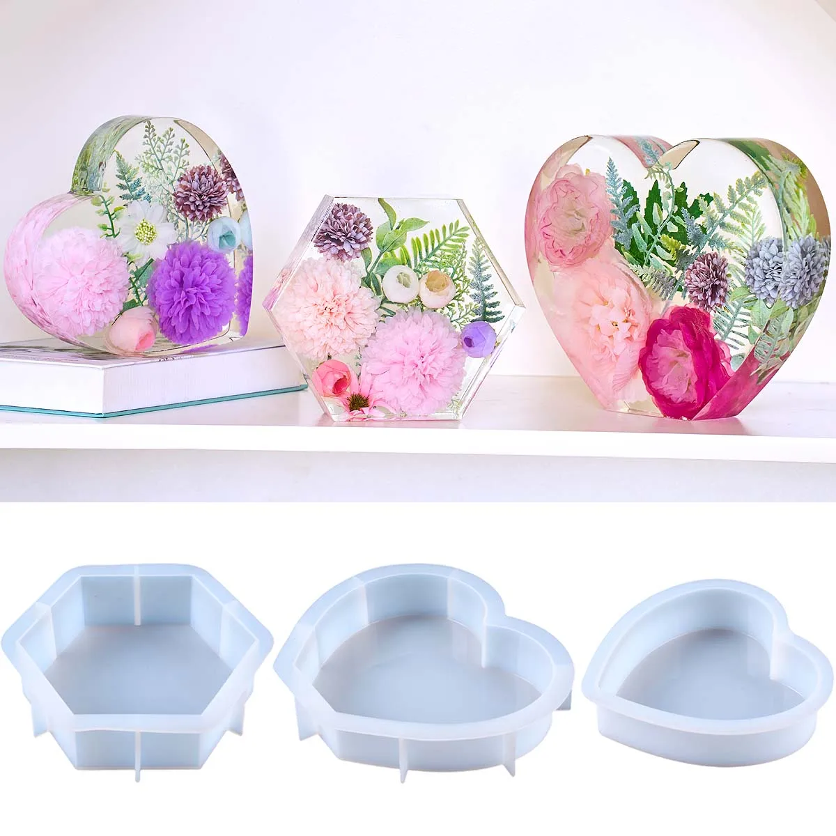 Large Love Silicone Mold DIY Heart Hexagonal Epoxy Resin Molds For Flower Preservation Bookend Ornaments Craft Casting Mould