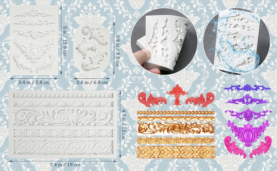 3 Bag Baroque-style silicone mold Roller-type silicone Baroque mold Silicone cake mold Icing mold Edge frosting mold Wedding/Bir
