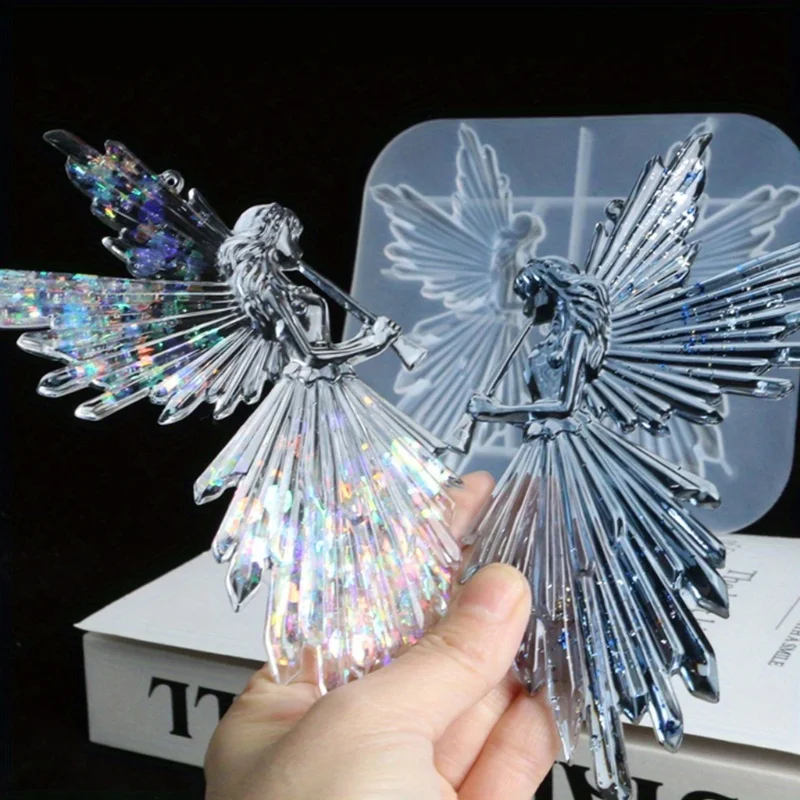 1pc Crystal Epoxy Resin Mold Girl with Flute Angel Mirror Shiny Silicone Mould DIY Crafts Decorations Ornaments Casting Tool