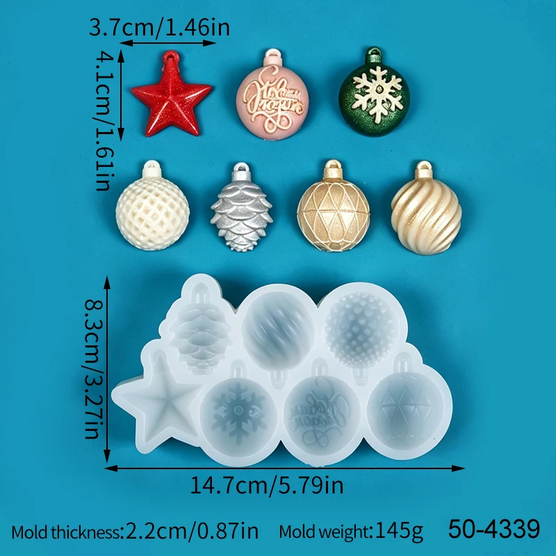 Christmas Ornament Silicone Mold 8-Cavity Xmas Ball Star Snowflake Pinecone Pendant DIY Christmas Tree Hanging Decor Resin Mold
