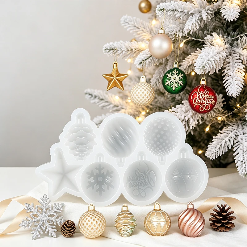 Christmas Ornament Silicone Mold 8-Cavity Xmas Ball Star Snowflake Pinecone Pendant DIY Christmas Tree Hanging Decor Resin Mold