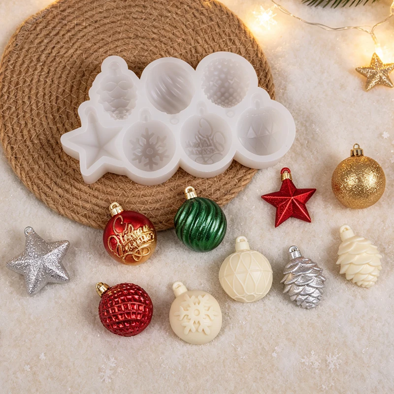 Christmas Ornament Silicone Mold 8-Cavity Xmas Ball Star Snowflake Pinecone Pendant DIY Christmas Tree Hanging Decor Resin Mold