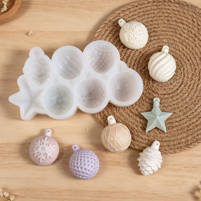 Christmas Ornament Silicone Mold 8-Cavity Xmas Ball Star Snowflake Pinecone Pendant DIY Christmas Tree Hanging Decor Resin Mold