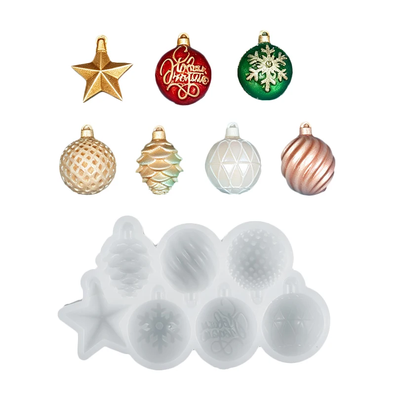 Christmas Ornament Silicone Mold 8-Cavity Xmas Ball Star Snowflake Pinecone Pendant DIY Christmas Tree Hanging Decor Resin Mold