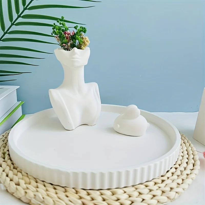 1pc Striped Round Tray Decorative Storage Tray Planter Base Silicone Mold For Resin Plaster Ornament Concrete Silicone Mold