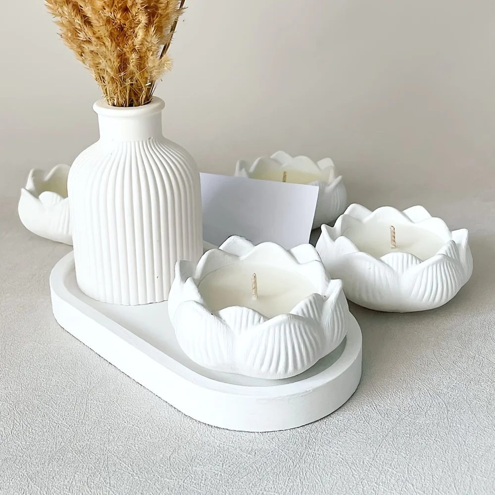 Lotus Striped Vase Tray Silicone Mold Set DIY Epoxy Resin Plaster Mold for Flower Arrangement Aroma Clay Craft Home Decoration