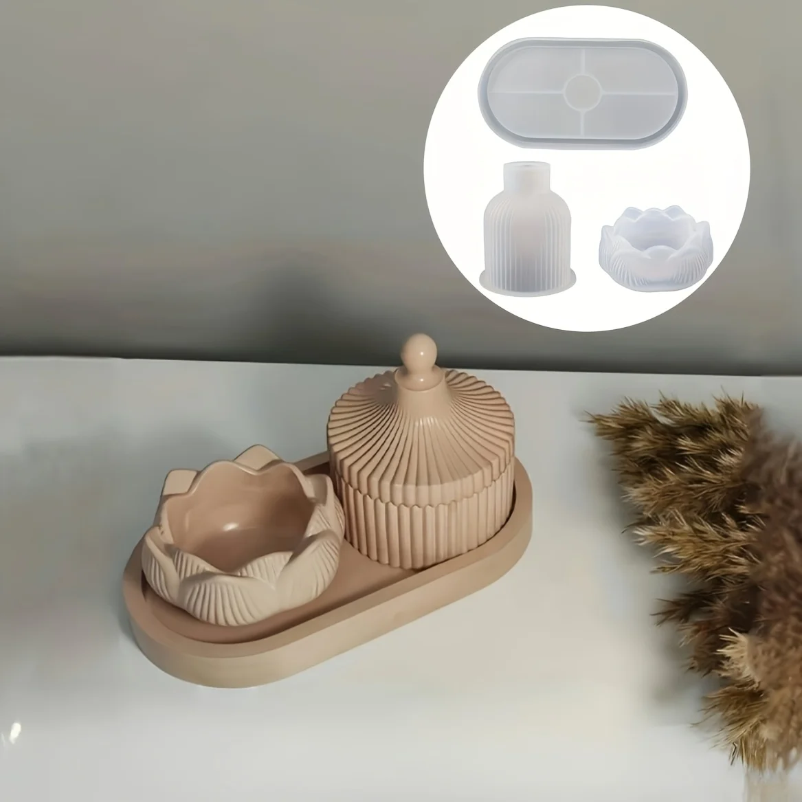 Lotus Striped Vase Tray Silicone Mold Set DIY Epoxy Resin Plaster Mold for Flower Arrangement Aroma Clay Craft Home Decoration