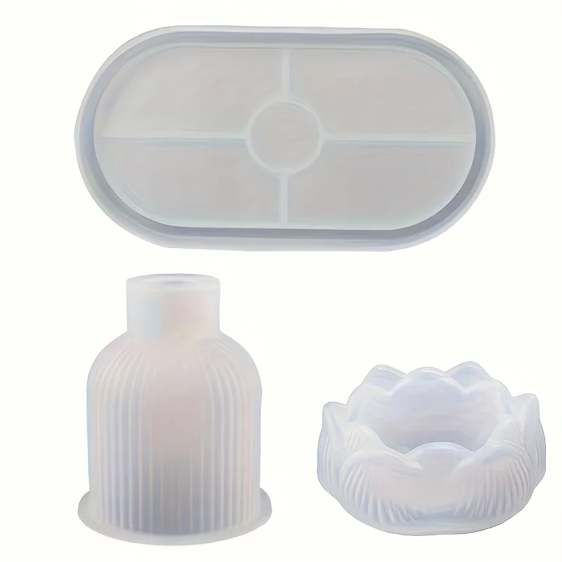 Lotus Striped Vase Tray Silicone Mold Set DIY Epoxy Resin Plaster Mold for Flower Arrangement Aroma Clay Craft Home Decoration