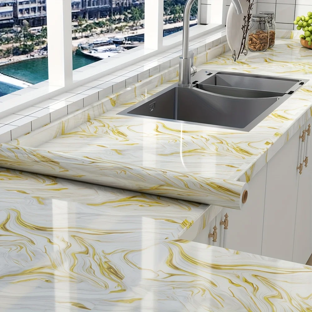 Self Adhesive Marble Wallpaper 3Mx60CM Peel and Stick Wall Sticker Waterproof Heat Resistant Kitchen Backsplash Countertop Decor