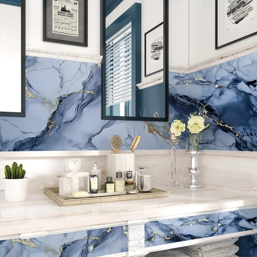 Blue Marble Self-adhesive PVC Wallpaper Kitchen Stove Oil Proof Sticker Home Decoration Building Materials Decorative Wallpaper