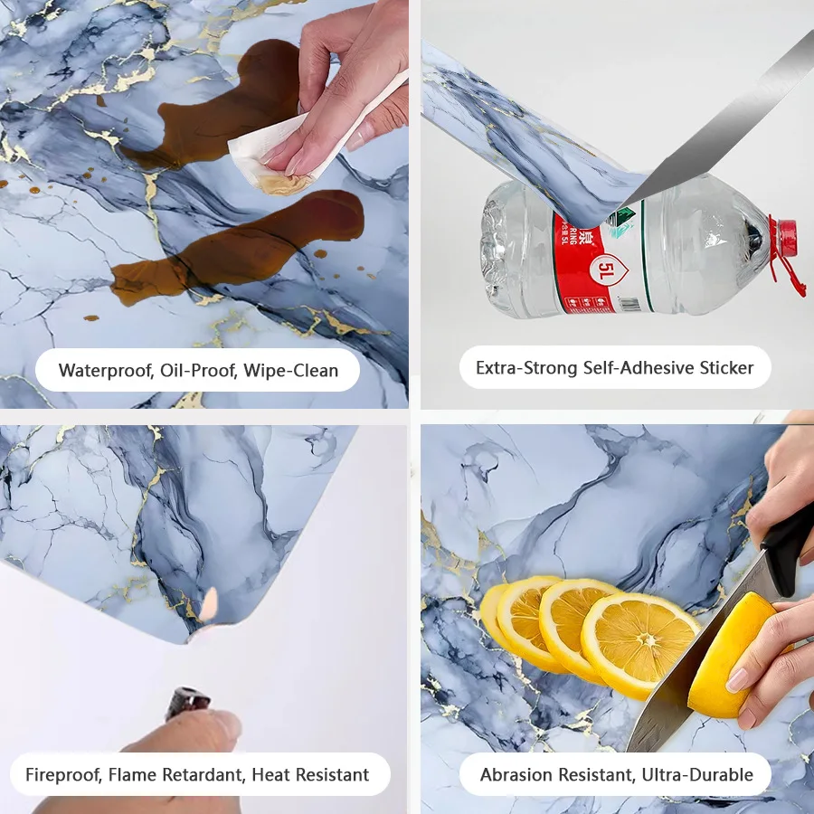 Blue Marble Self-adhesive PVC Wallpaper Kitchen Stove Oil Proof Sticker Home Decoration Building Materials Decorative Wallpaper