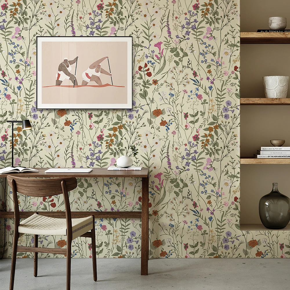 Light Yellow Floral PVC Wallpaper Peel And Stick PVC Durniture Cabinet Sticker Kitchen Bathroom Waterproof Vinyl Wall Decor