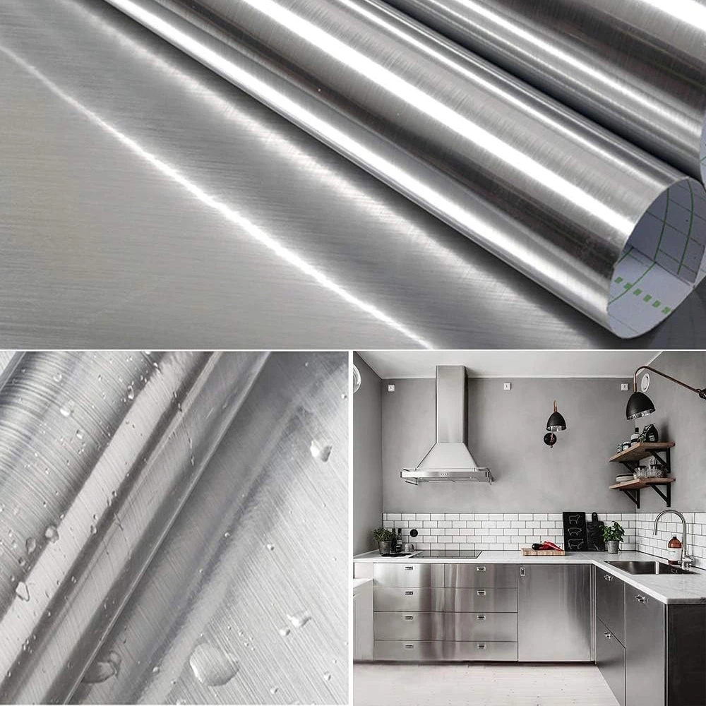 40cm Fireproof and Waterproof Brushed Silver Self-Adhesive Wallpaper Modern Refrigerator Living Room Kitchen Countertop