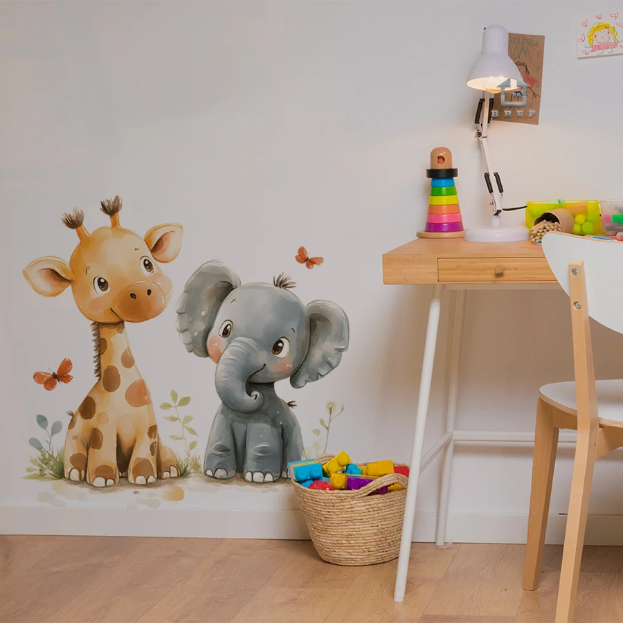 Cartoon Animal Wall Stickers - Giraffe And Elephant Design Removable Waterproof Decals For Kids Room, Nursery, Classroom Decor