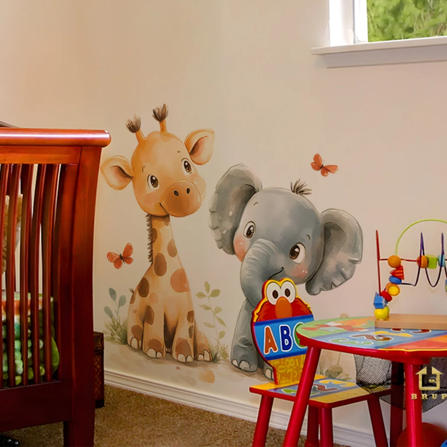 Cartoon Animal Wall Stickers - Giraffe And Elephant Design Removable Waterproof Decals For Kids Room, Nursery, Classroom Decor
