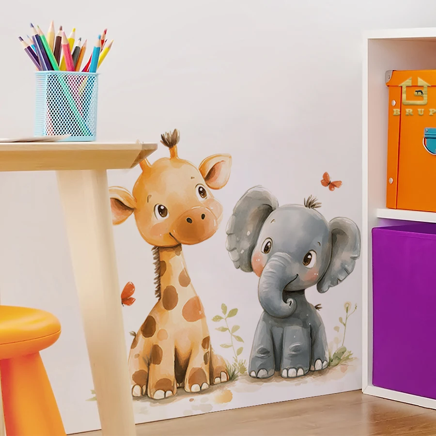 Cartoon Animal Wall Stickers - Giraffe And Elephant Design Removable Waterproof Decals For Kids Room, Nursery, Classroom Decor