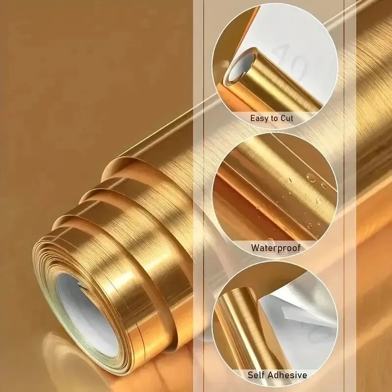 40cm Self-Adhesive Golden Stainless Brushed Contact Paper, Peel Stick Wallpaper, Removable Wall Decals For RefrigeratorFurniture