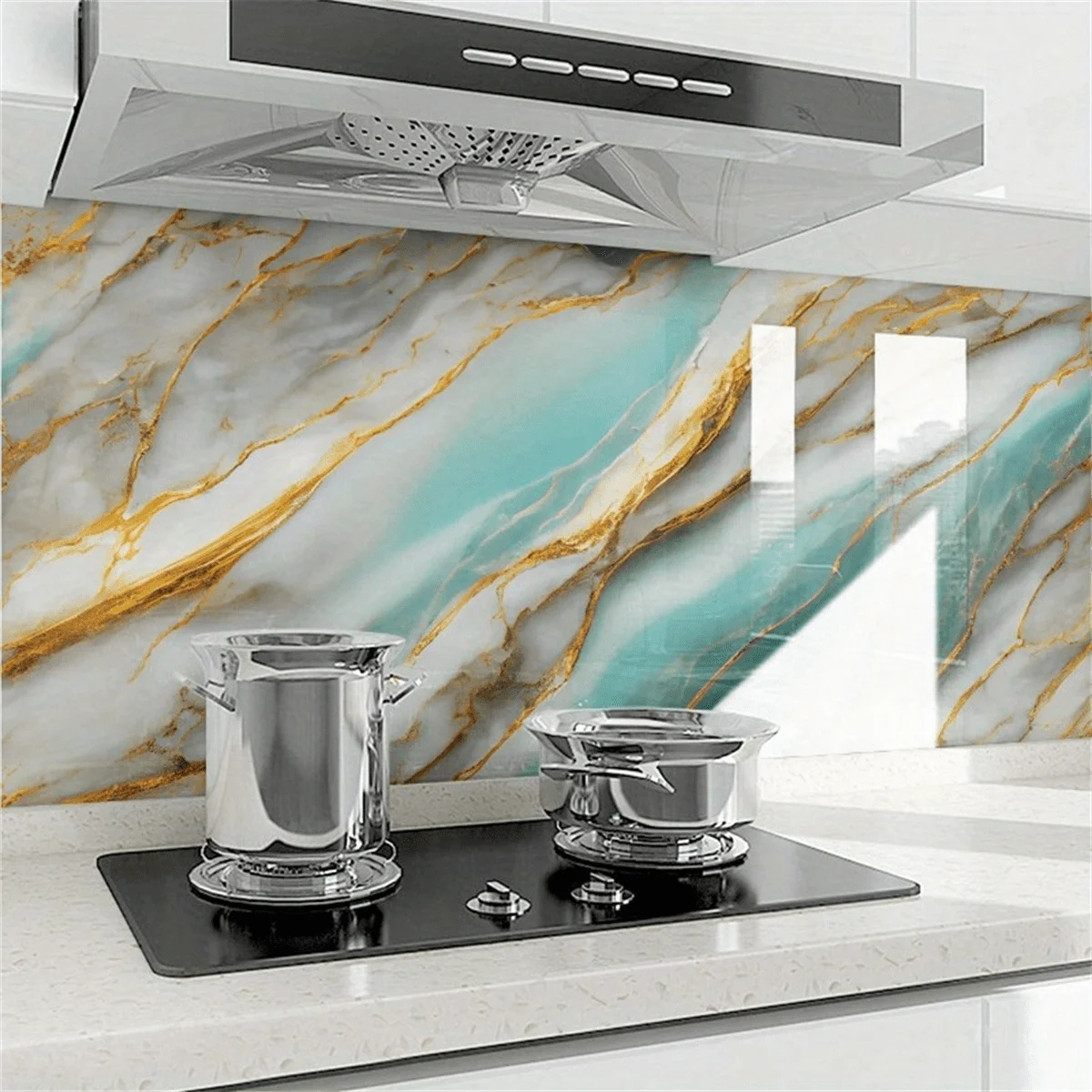 10M Marble Decor Stickers Self Adhesive Waterproof Oil Proof Aluminum Foil Wallpaper for Kitchen Cabinet Countertop Renovation