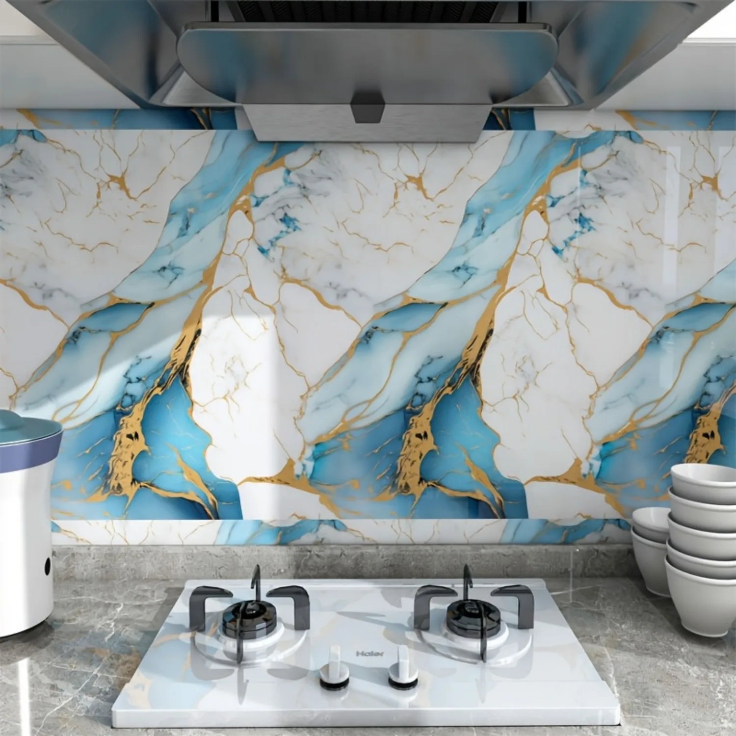 10M Marble Decor Stickers Self Adhesive Waterproof Oil Proof Aluminum Foil Wallpaper for Kitchen Cabinet Countertop Renovation
