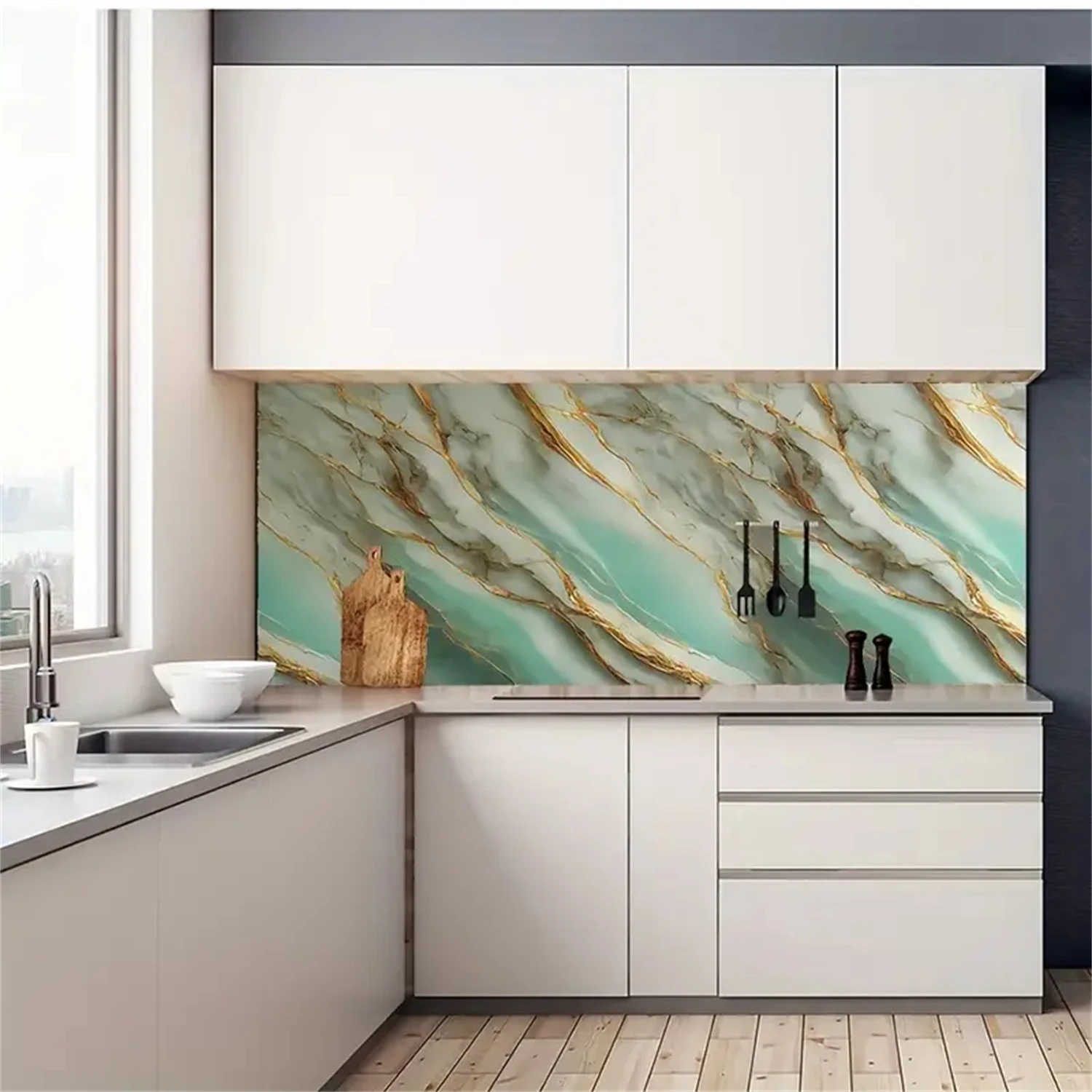 10M Marble Decor Stickers Self Adhesive Waterproof Oil Proof Aluminum Foil Wallpaper for Kitchen Cabinet Countertop Renovation