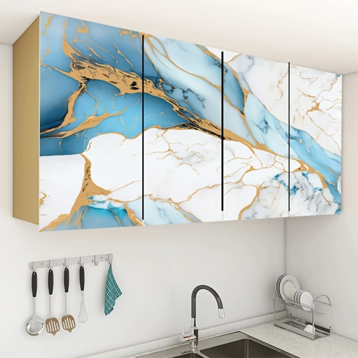 10M Marble Decor Stickers Self Adhesive Waterproof Oil Proof Aluminum Foil Wallpaper for Kitchen Cabinet Countertop Renovation