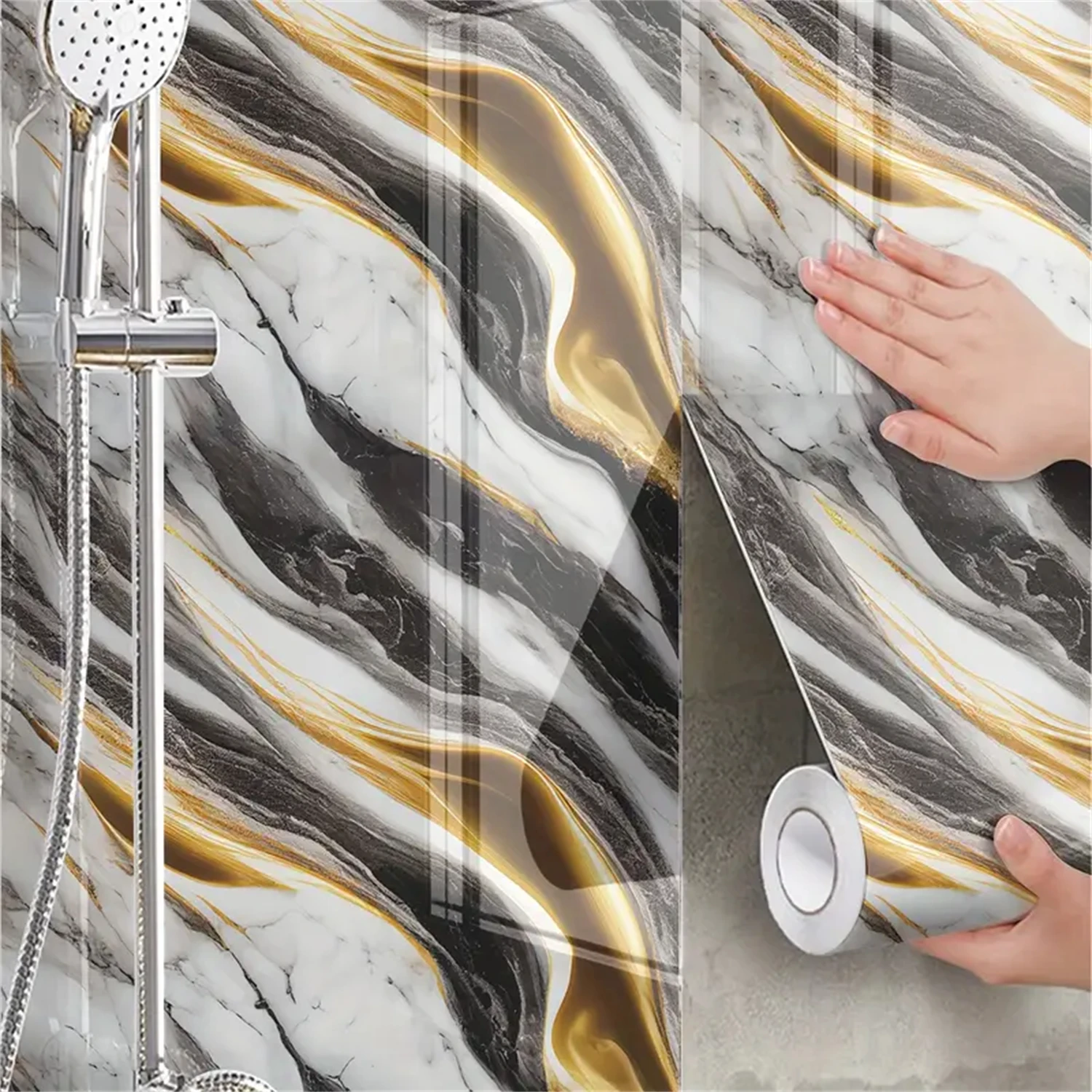 10M Marble Decor Stickers Self Adhesive Waterproof Oil Proof Aluminum Foil Wallpaper for Kitchen Cabinet Countertop Renovation