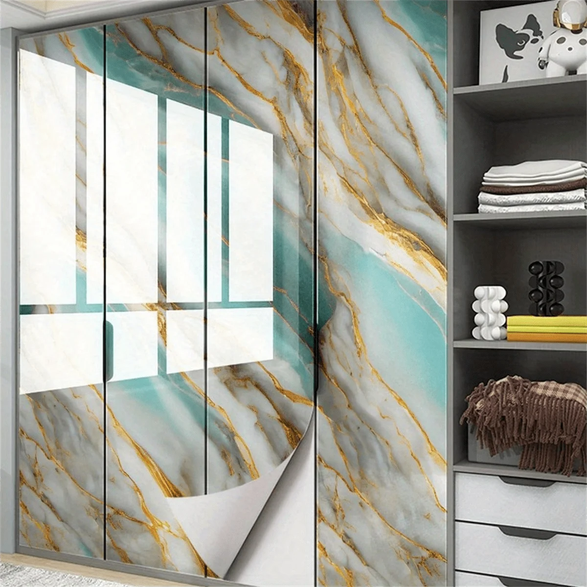 10M Marble Decor Stickers Self Adhesive Waterproof Oil Proof Aluminum Foil Wallpaper for Kitchen Cabinet Countertop Renovation