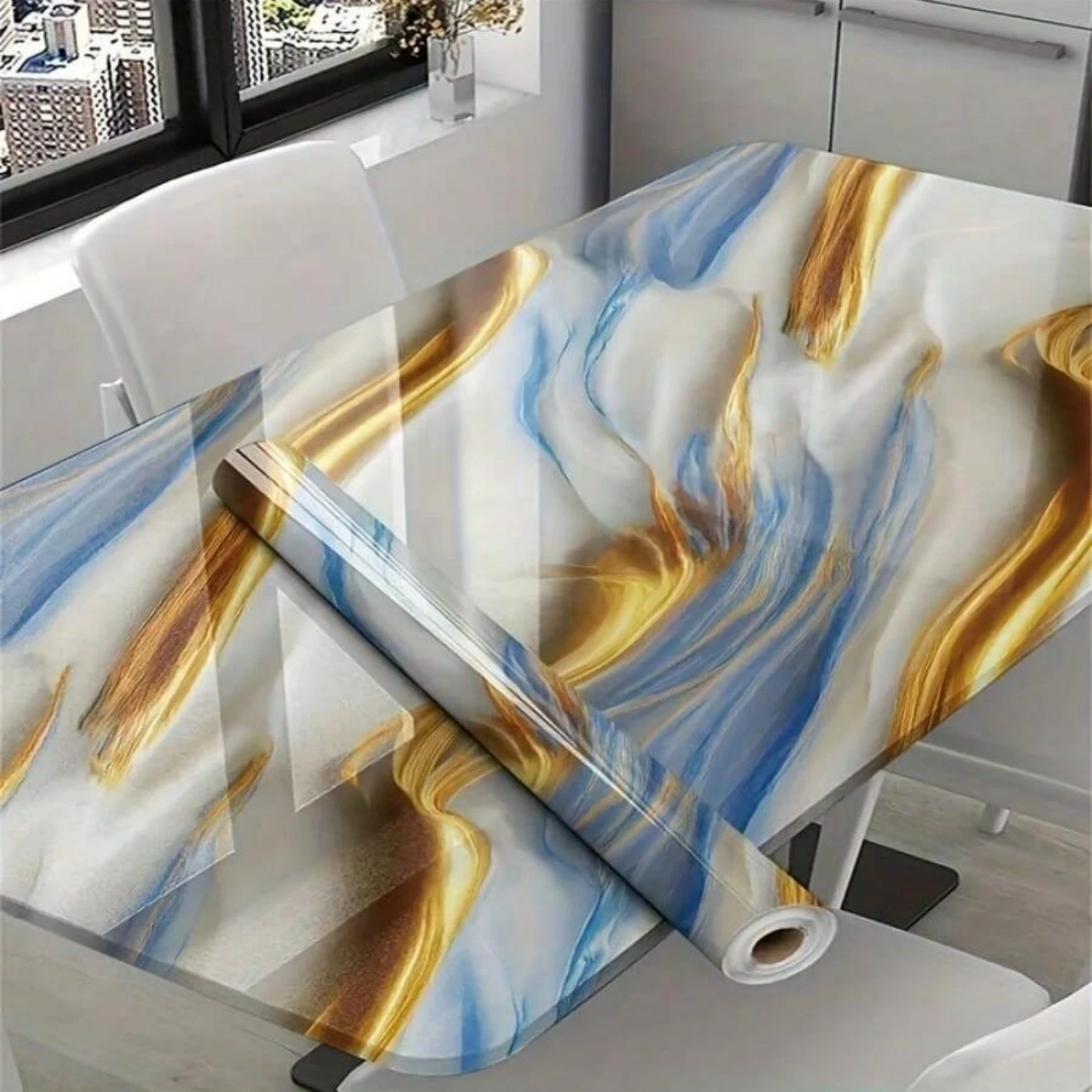 10M Marble Decor Stickers Self Adhesive Waterproof Oil Proof Aluminum Foil Wallpaper for Kitchen Cabinet Countertop Renovation