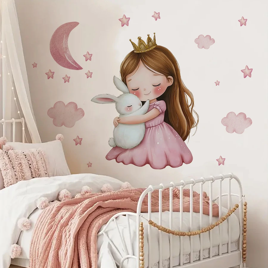 Cute Cartoon Girl Hugging Rabbit Wall Sticker Nursery Kids Room Decor Removable Self-Adhesive Home Art Decal