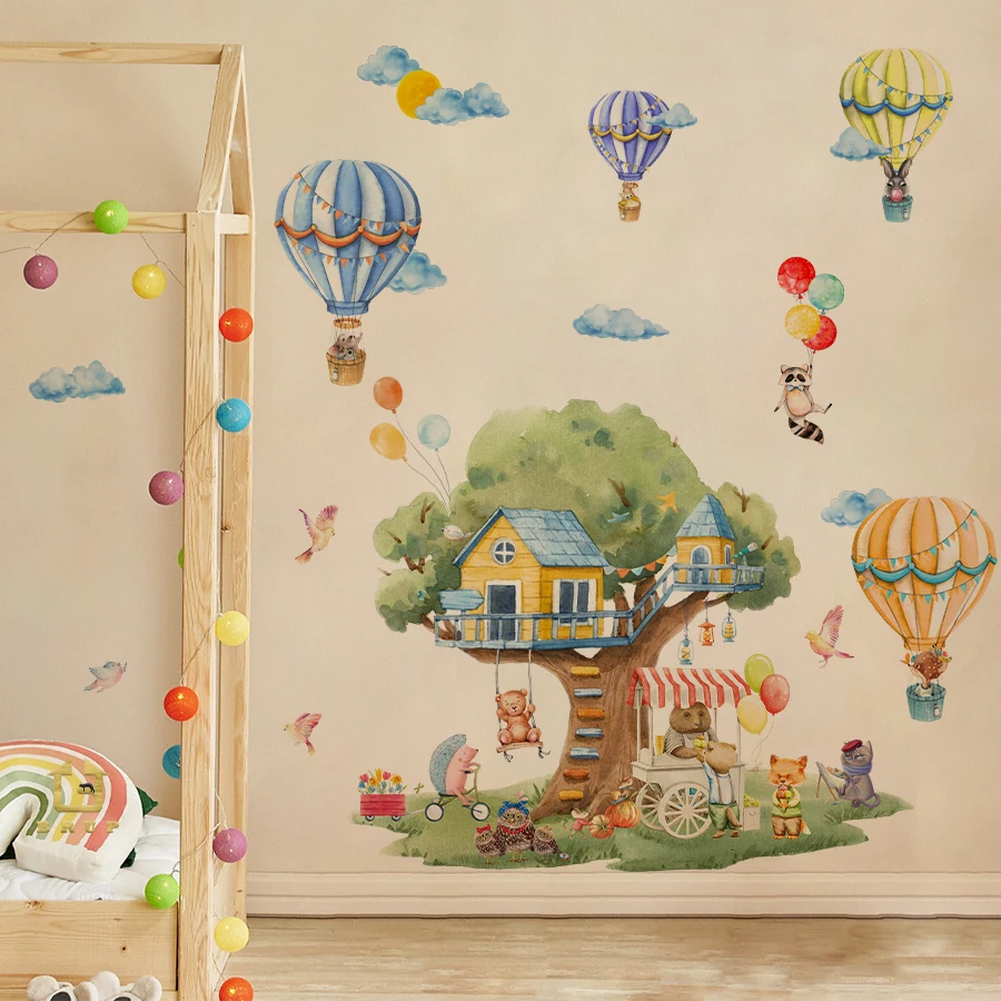 Cartoon Tree & Balloon Animals Wall Decals - Large Removable Vinyl Stickers For Kids Room Playroom Whimsical Forest Theme Decor