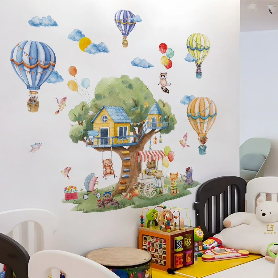 Cartoon Tree & Balloon Animals Wall Decals - Large Removable Vinyl Stickers For Kids Room Playroom Whimsical Forest Theme Decor