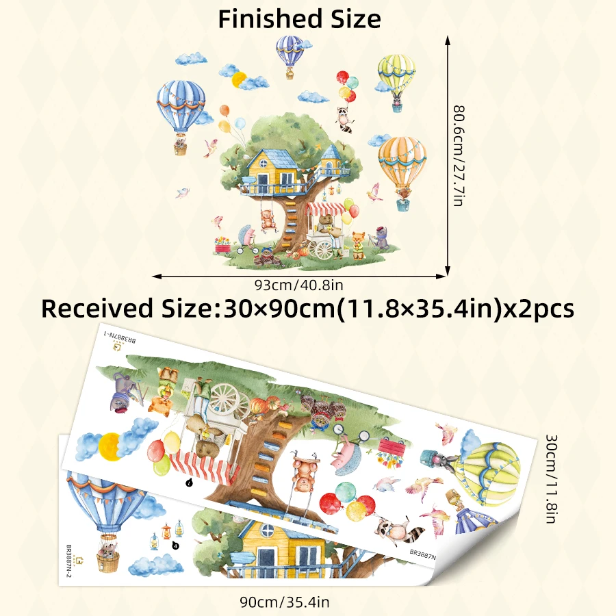Cartoon Tree & Balloon Animals Wall Decals - Large Removable Vinyl Stickers For Kids Room Playroom Whimsical Forest Theme Decor